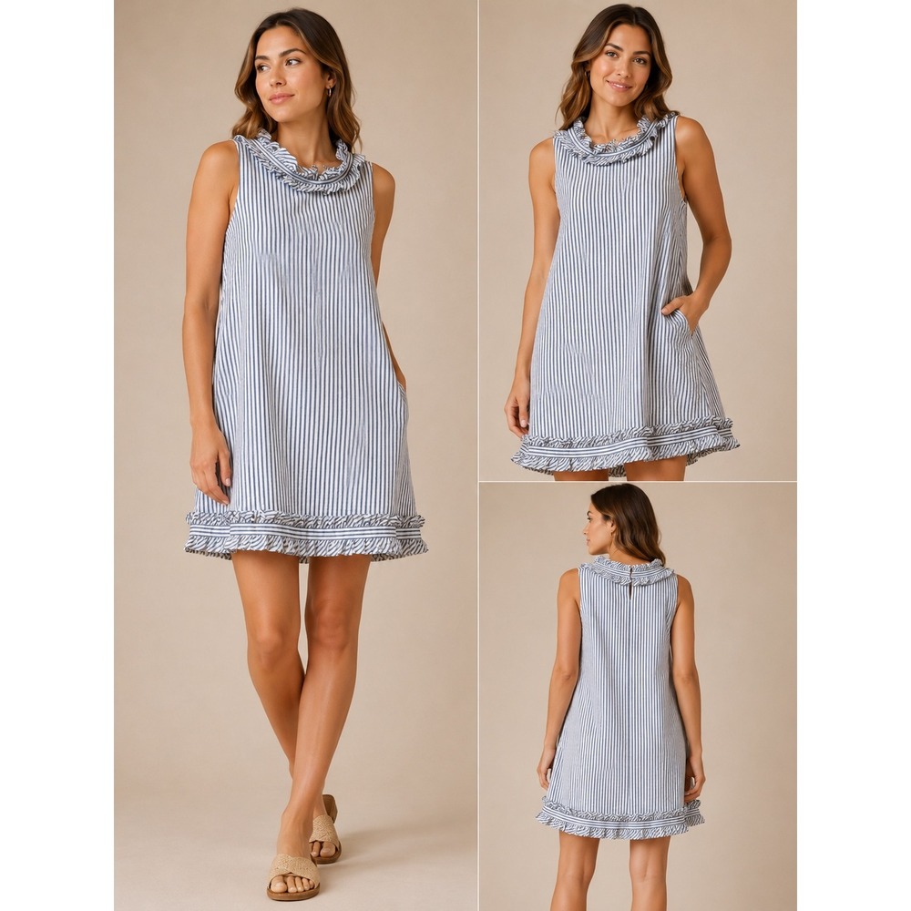 Eliza J Blue White Striped Ruffle Neck Sleeveless Shift Dress Womens 6 EJ0-5726 - Picture 2 of 11